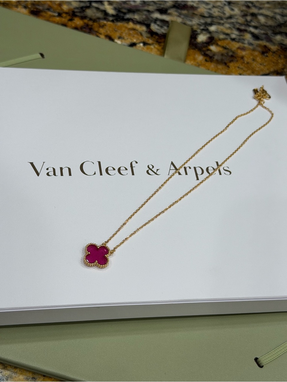 Van cleef and arpels pink enamel single pendant necklace